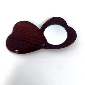VTG Wooden Heart Shaped Cosmetic Purse Mirror Compact Swivel Lid
